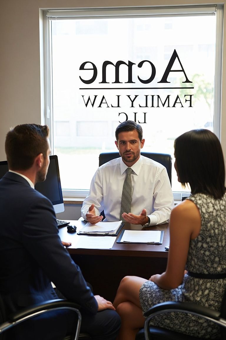 Attorney meeting with a client across a desk at a small law office